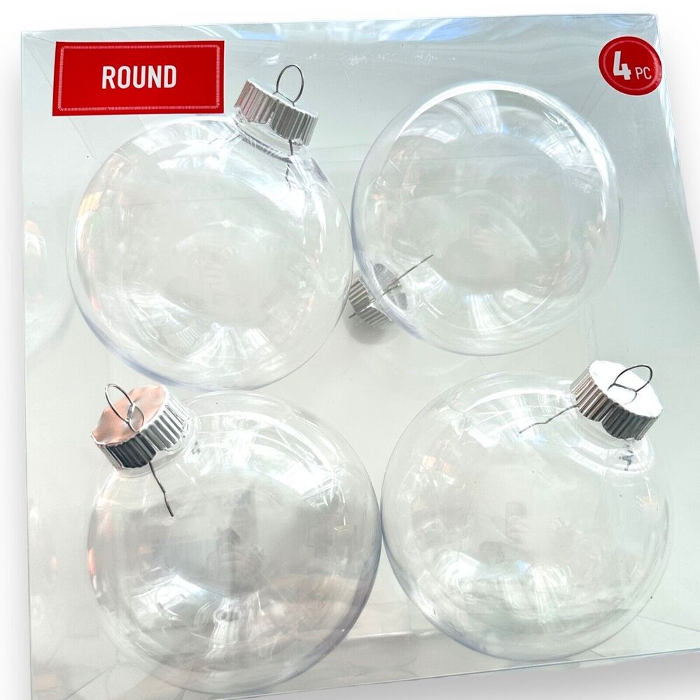 Holiday Crafting Clear Plastic Christmas Ornaments 3.5” Round Box Of 4